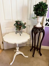 2BA/ 4pcs - Pie Crust Side Table, Tall Plant Stand W Marble Top And 2 Artificial Plants - Topiary & Garden Pot