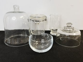 MM/ 5 Pcs Glass - 2 Glass Dome Covers, Etched Sm Pitcher, Dunkin Donuts Latch Canister, Sm Bowl