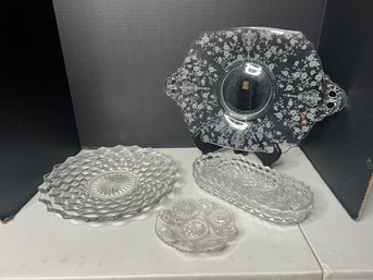 LR/ 6 Pc Glass Serving Lot - Clear Glass, Pressed Glass, Etched Glass Etc