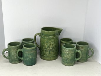 G/ 7pcs - Tall Green Pottery Pitcher And 6 Matching Tankards - McCoy?