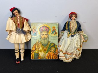 MM/ 3 Vintage Greek Collectibles - St Nicholas Wood Plaque, Male & Female Costumed Dolls