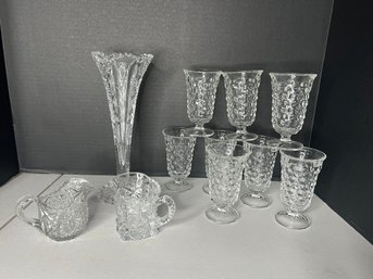 LR/ 11 Pcs Cut Glass & Pressed Glass - Tulip Vase, Juice Glasses, Small Creamers
