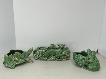 G/ 3pcs - Charming Green Pottery Planters - Leaping Deer, Frog, Turtle - McCoy