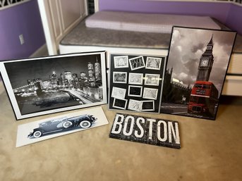 2BA/ 5pcs Wall Art Includes Big Ben Of London, Manhattan Nite, Boston Sign Etc