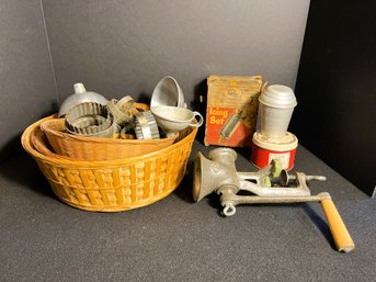 K/ Vintage Kitchen: Cookie Cutters, Spong Meat Grinder, Tala Icing Set, Baskets Etc