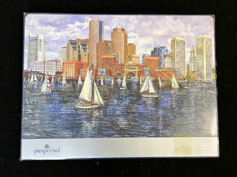 MM/ New Sealed In Box - 4 Pimpernel Cork Back Placemats, Boston Skyline W Sailboats, By Thomas Rebek