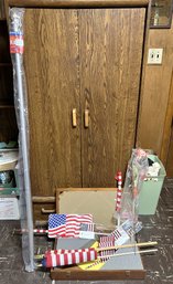 FB/ American Flags- Porch Style Flag 5' Pole, Many Small Flags, Walnut Flag Medallion Display Box, License Plt