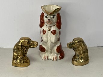 G/ 3pcs - Ceramic Spaniel Pitcher And 2 Brass Dog Head Book Ends