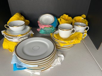 LR/ White W Gold Edge Dinnerware - Cups, Saucers, Dessert Plates, Fruit Bowls Etc