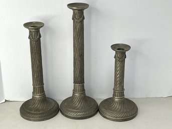 G/ Set Of 3 Ornately Styled Heavy Metal Candlesticks - Brass/Pewter (?)