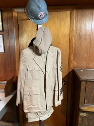 FB/ Wood Coat Tree Rack, Shawmut Crane & Rigging Hard Hat, Vintage Naval Unform - Jacket Pants Hat