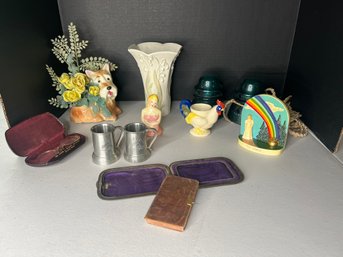 LR/ 12 Pcs This & That - Lenox Vase, Antique Eyeglasses, Tiny Religious Book, Hemingray Insulators Etc