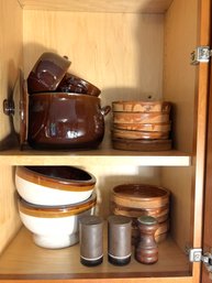 K/ Cabinet 20pcs - Bean Pot W Lid & 4 Bowls, 2 Large Bowls, S & P, Clay Shallow Baking Dishes Etc