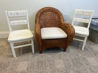 2BC/ 3 Children's Chairs - 2 White Wooden And 1 Brown Rattan