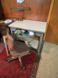 FB/ 3 Vintage Pcs - Mid Size Metal Desk 1 Drawer, Metal Rolling Desk Chair, Green Metal Florescent Desk Lamp