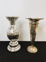 MM/ 2 Pcs - Dept 56 Handblown Glass Pedestal Candle Holder, Silverplate Fluted Tall Vase From Ward's