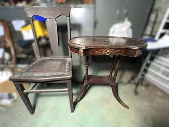 2pcs - Vintage Antique Mahogany Side Table And Leather Seat Chair