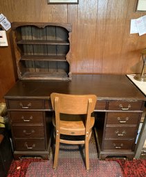 FB/ 3 Vintage Pcs - Mid Sized Wood Desk 7 Drawers & Contents, Wood Chair Natl Store Fixture, Wood 3 Tier Shelf