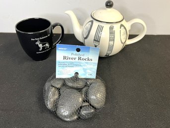 MM/ 3 Pc - 2lb Bag Polished River Rocks, Arthur Wood Bon Apetit Black White Teapot Cutlery Design, Mug