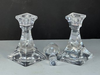 G/ 3pcs - Pair Of Villeroy & Boch Glass Candlesticks And Round Glass Stopper