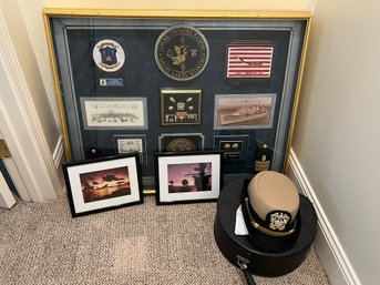 2G/ 4pc Naval Lot With Vintage Kingform Cap, Framed Naval Pictures And Dental Clinic Memorabilia Collage