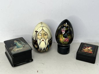 G/ 4pcs - USSR Black Lacquer Hand Painted Trinket Boxes And Eggs