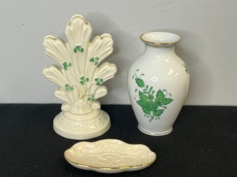 MM/ 3 Beautiful Pcs - Lenox Trinket Dish, Belleek Vase, Herend Hungary Hand Painted Vase