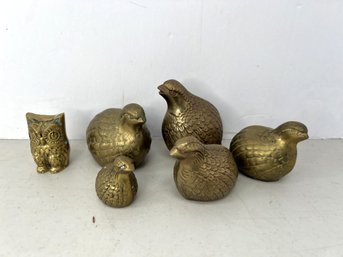 G/ Box 6pcs - Vintage Brass Quail Family And Brass Owl Figures