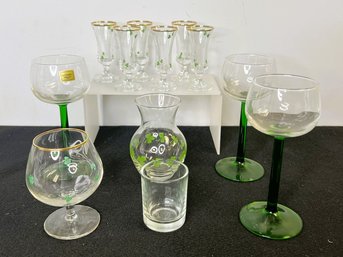 MM/11 Pcs Beautiful Green Clear Glassware - 3 Luminarc France Wine Glasses, Shamrock Cordials & Cognac Etc