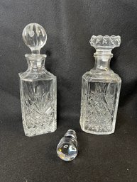 MM/ 2 Lovely Pressed Glass Liquor Decanters W 3 Stoppers