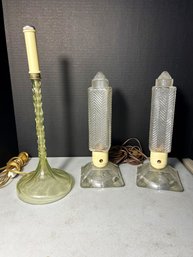 3pcs - 2 Unique Vintage Clear Pressed Glass Tower Lamps, 1 Tall Green Candlestick Lamp