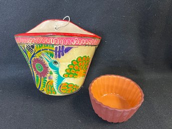 MM/ 2 Pcs - Brightly Painted Pottery Wall Pocket Planter & Glazed Red Orange Fluted Small Bowl