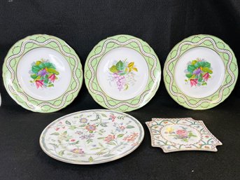 MM/5 Pretty Plates - 1 Lrg Floral Andrea By Sadek, 3 Lrg Gold Rimmed Green, 1 Sm Sq Heirloom By Toyo