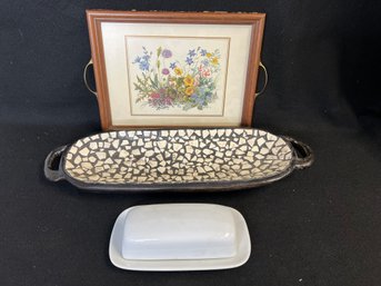 MM/ 4 Pcs - Pimpernel England Small Tray, Cordon Bleu Covered Butter Dish, Rustic Long Oval Serving Plate