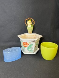 MM/ 5 Pc Planter Lot - Painted 6 Side Asian Ceramic Pot W Underplate, Green Round, Blue Oval, Small Figure