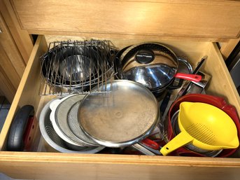 K/ Drawer Assorted Cook's Gear #1 - Pots, Pans, Bowls, Strainers, Bagel Slicer, Graters Etc