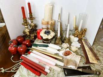 DR/ Box Of Assorted Candles And Holders - Ornate, Glass, Pillar, Taper - Must See Photos