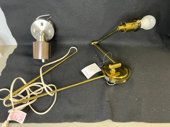 MM/ 2 Wall Mount Lights - Brass Swing Arm W Plug, Small Round Hard Wired W Mesh Shade