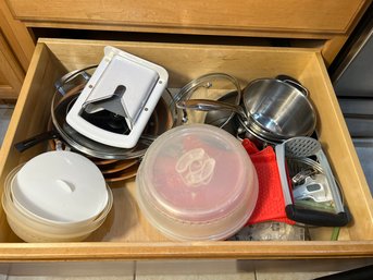 K/ Drawer Assorted Cook's Gear #2 - Pots, Pans, Bagel Slice Etc - TFal, Belgique, Gotham Etc.