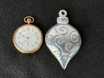 G/ 2pcs - Scrolled Hanging Silver Ornament And Vintage Waltham Pocket Watch