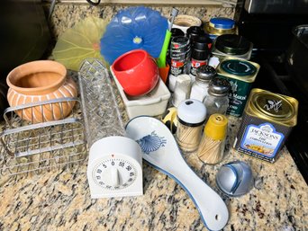 K/ Assorted Small Kitchen Items: Timer, Spoon Rest, Rubber Bowl Covers, Salt & Pepper Shakers Etc.