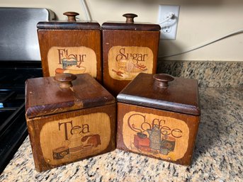 K/ Vintage Wood 4 Pc Canister Set : Flour, Sugar, Coffee, Tea