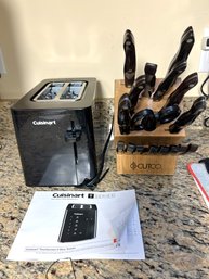 K/ 2pcs Cuisinart Black Toaster, Cutco Wood Knife Block W 16 Cutco Knives & 1 Cutco Kitchen Scissor