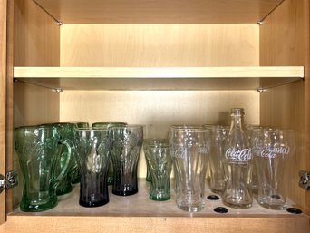 K/ 18pcs Shelf Assorted Coca Cola Glassware: Various Colors, Sizes & Styles And 1 German Bottle