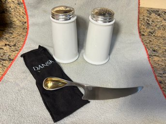 K/ Shelf 3 Pcs Dansk: 2 White Tall Shakers, 1 Unique Cheese Knife