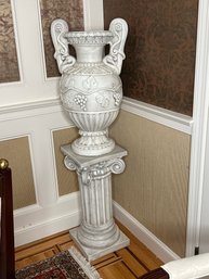 DR/ 2pcs - Composite Classic Greek Urn - Grape Leaf Decor, On Pedestal - Grecian Style Stand
