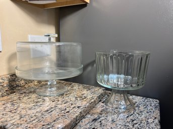 K/ 2 Pcs Glass Serveware: Pedestal Trifle Bowl & Pedestal Cake Plate Stand W/ Cover