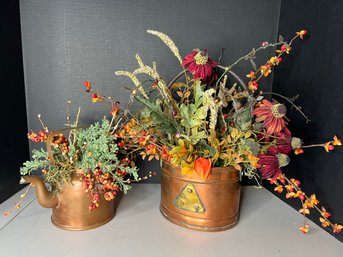 1B/ 2 Beautiful Copper Planters With Faux Flowers