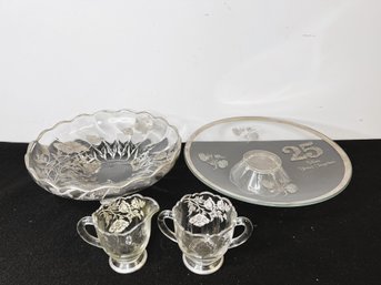 E/ 4 Pcs Vintage Silver Overlay Serving - 25th Anniv Cake Stand & Set Of Large Serve Bowl, Cream, Sugar