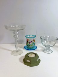 5 Pcs Candle Holders - Green Wedgwood, 2 Footed Clear Glass, 1 Painted Glass W Blue Plate